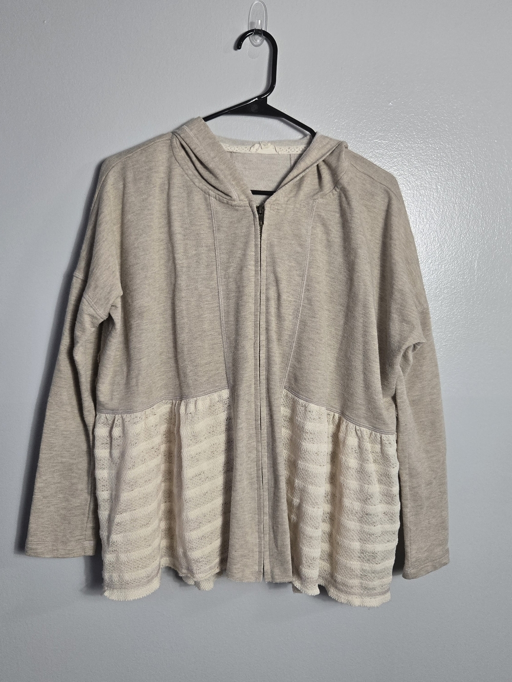 ODDY Tan Heathered Lace Peplum Zip Up Hoodie Cardigan Elbow Patch Boho Small